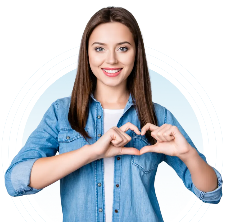 A smiling person welcomes you to the website by making a heart symbol with the fingers of her hands, and placing the symbol over her chest.